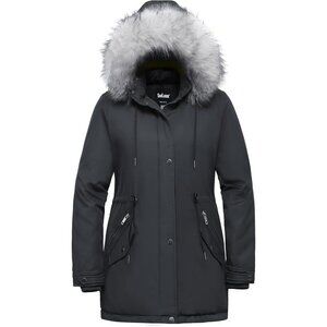 Women's Winter Gray Faux Fur Hood Jacket Coat Zip Up Flap Pockets Designed